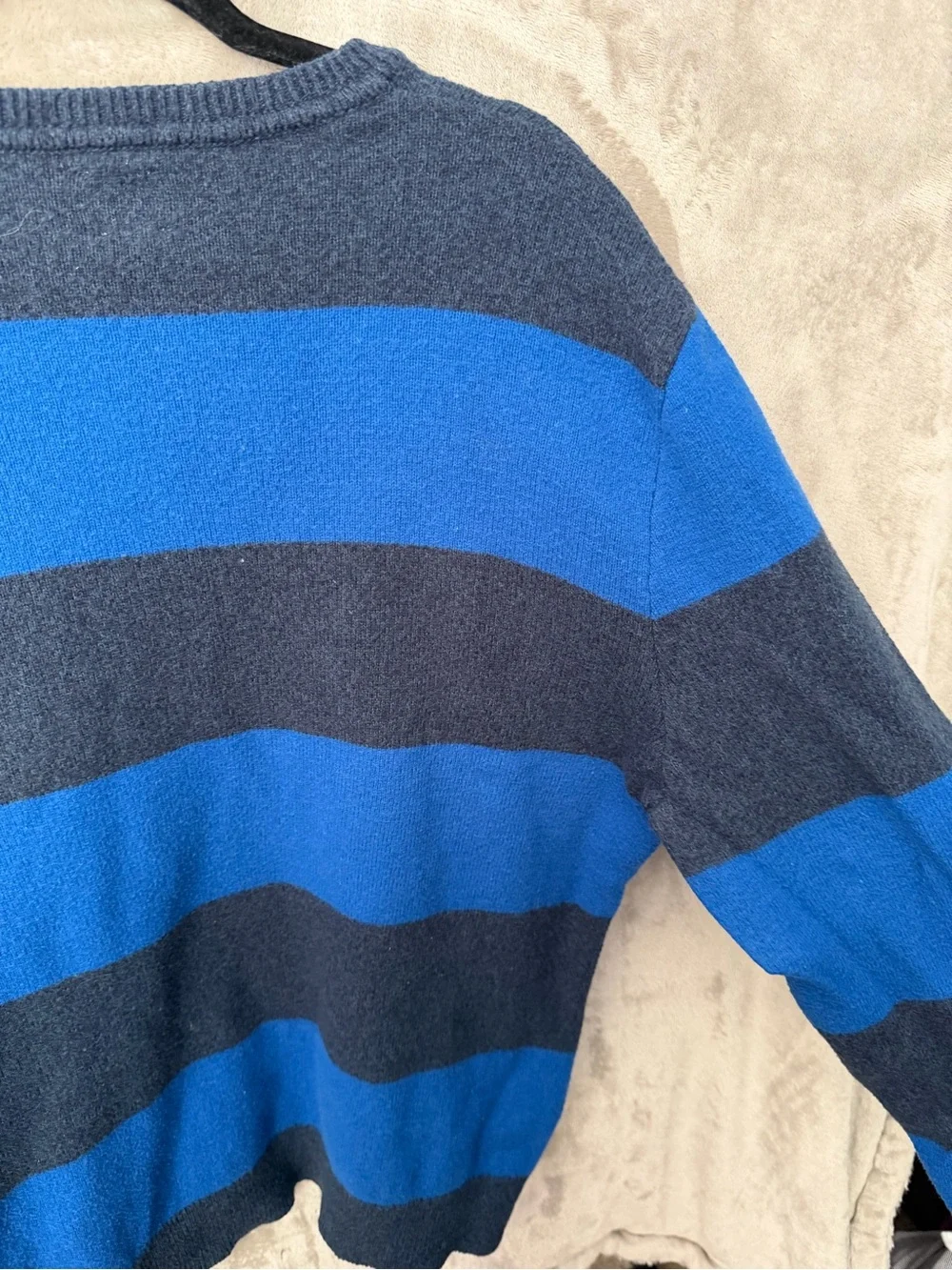 GAP Men’s Royal Blue and Charcoal Striped Crewneck Sweater